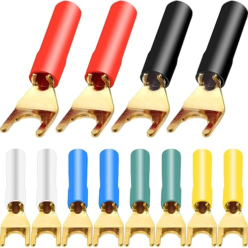 HAAMNING7 Spade Fork Terminal Kopparkontakt för Speaker Wire Cable, Crimp Y Plug Adapter Barrier Spades Wire elektrisk kontakt för förstärkare, 6 färger, 12 st