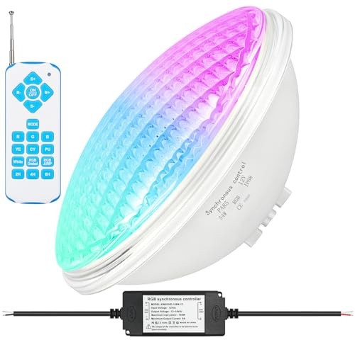KOLLNIUN Illuminazione LED per piscina RGB, 54W, PAR56, luce subacquea, lampada da bagno, sincronizzazione esterna con telecomando, 12 V AC, IP68 impermeabile