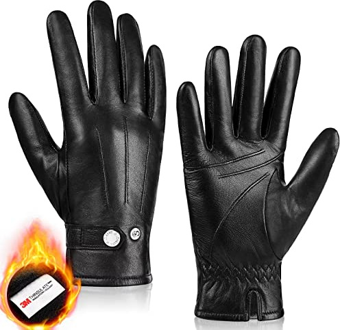 MAGILINK Genuine Sheepskin Leather Gloves For Men, Winter Warm Touchscreen Gloves Thinsulate Lined, Driving Motorcycle Gloves(Black-M)