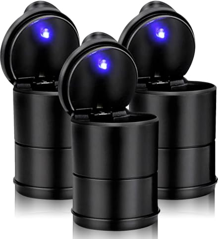 Chingde Car Ashtray, Portable Ashtray with Lid Smell Proof, Automatic LED Light, Sealed, Flame Retardant, High Temperature Resistant, Detachable, Large Capacity (3 Pcs)