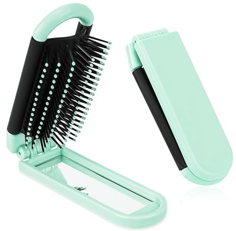 Travel Folding Hair Brush with Mirror for Women, Small Collapsable Hair Comb with Soft Nylon Bristles Portable Mini Pocket Size Scalp Hairbrush for Purse Thick Thin Curly Straight Wet Dry Hair