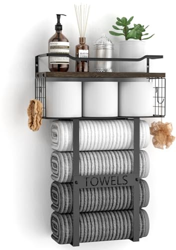 Rustic Brown Wood Vertical Towel Rack - Bath Wall Holder Set Above Toilet Storage, Rolled Towel Shelf Organizer for Small Bathrooms