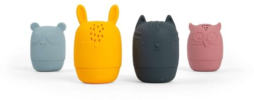 Bigjigs Toys – silikonbaddjur – 4 delar fyrkantiga djurvattenleksaker med hål, anti-mould, avtagbar