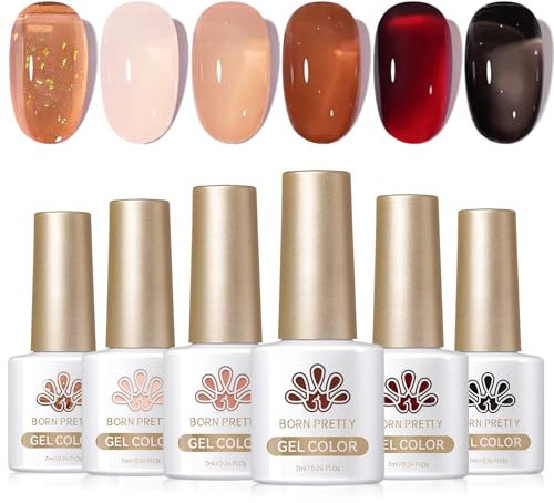 BORN PRETTY Vernis Gel Semi-Permanent Noir Marron Bordeaux Nude, Collection Automne Gelée Transparent Crystal Vernis à ongles Semi Permanent UV LED Manucure Naturel French 7ML 6PCS