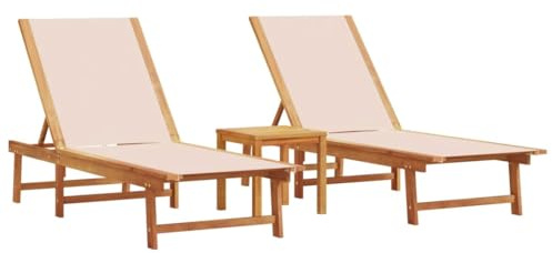 vidaXL Tumbonas 2 uds con Mesa Madera Maciza Acacia y textileno Crema, Tumbona de Exterior, Cama de día de Exterior, Chaise Longue de Exterior