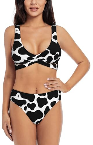 GaxfjRu Maillots de bain 2024 à motif de vache pour femmes, ensemble bikini taille haute pour femme, maillot de bain gainant, noir, Taille S
