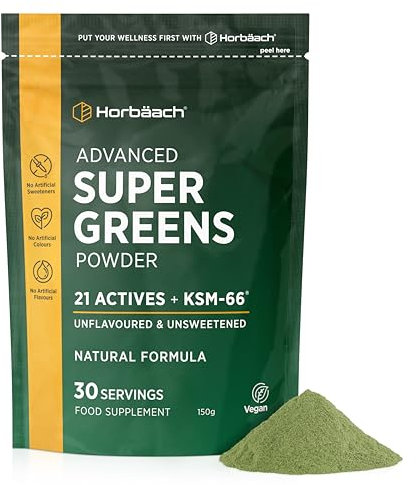 Super Greens Powder | 150 g | Integratore Vegano in Polvere con Ashwagandha KSM-66 e 21 Ingredienti Attivi - Clorella, Spirulina, Wheatgrass Powder, Multivitaminico e Minerali e Altro! | di Horbaach
