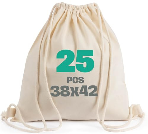 SCANDBAGS Lot de 25 sacs de gym en coton non imprimé - 5, 10, 25 - À peindre et à imprimer - Certifié Oeko-Tex ® - Sac à cordon de serrage - Pour le sport, les voyages, l'école et les loisirs, Naturel