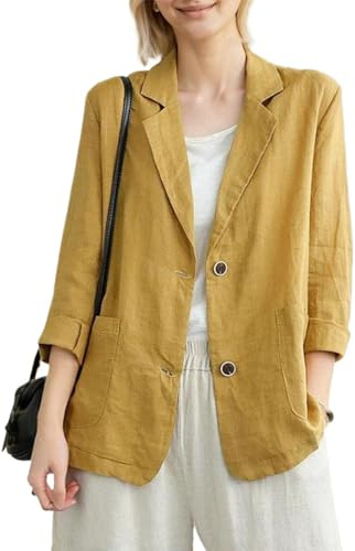YOUNIFIZ Womens Linen Blazer 3/4 Sleeve Notch Lapel Summer Casual Blazers Jackets with Pockets