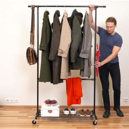 Tatkraft Drago - Perchero, con 2 barras ajustables, Burro Ropa, Resistente, Metal, Hasta 110 kg, Perchero Burro, Perchero con Ruedas, Negro
