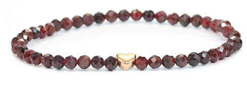 LAKADA Echtes Granat Edelstein Armband mit facettierten 4mm Perlen und Edelstahlherz Heilstein Schutzstein Edelsteinarmband Glücksbringer Talisman Geschenk (Granat, 18CM, R)