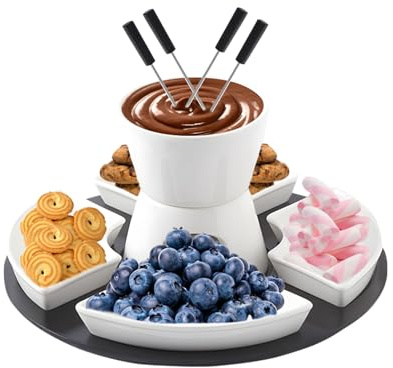Fonduta di cioccolato in ceramica, set per fonduta con pallet in legno, 4 forchette, 4 ciotole per snack, fontana di cioccolato con funzione di fusione, fonduta di cioccolato per cene di famiglia
