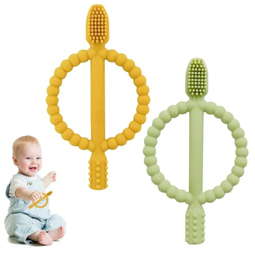 2PCS Teething Toys for Baby 3 Months, Chew Toys, Teethers for Babies 3-6 Months, Infant Teething Toy, Food Grade Silicone, Soothes Gums for Newborns & Toddlers 0-6 Months+.（Blue-Green）
