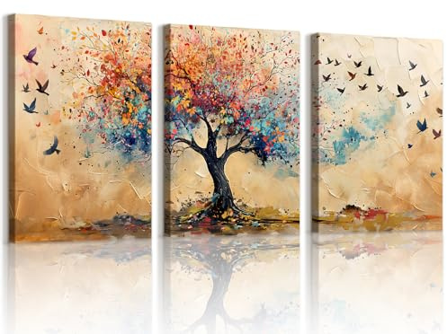 WENGTIAO 3 Pezzi Stampa su Tela Colorate Albero Della Vita Incorniciato, Quadro su Tela Astratto Albero e Uccelli in Volo Pittura Quadri Moderni Soggiorno Camera da Letto Decorazioni Parete 40x60cmx3