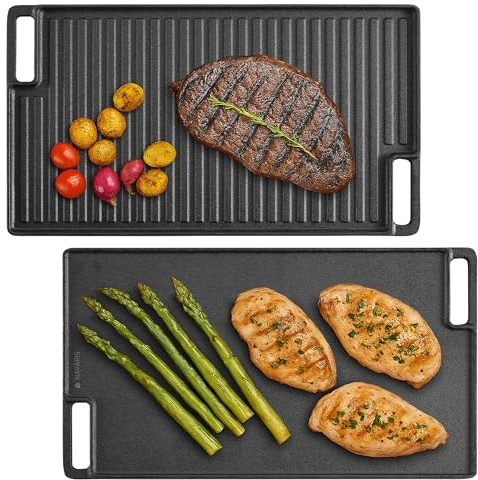 Navaris Bistecchiera Ghisa Reversibile - Piastra Ghisa per Fornelli a Gas Forno e Induzione - Griglia Rettangolare con Piastra Piatta e Rigata - 47 x 27,5 - Resistenza al Calore per Barbecue