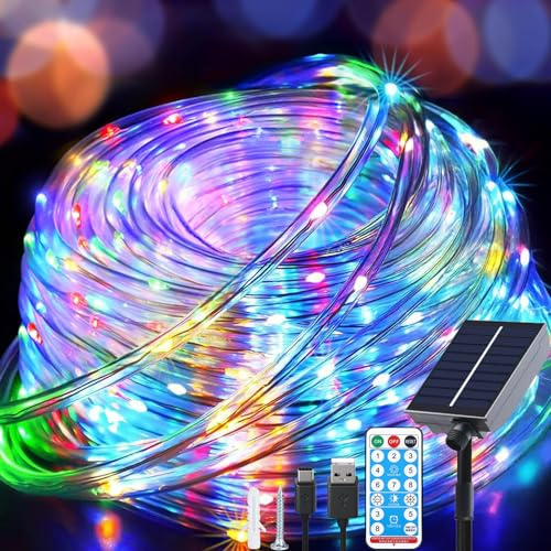 Fonysien 20M 200LEDs Tube de Lumière Solaire Extérieure, Étanche Guirlande Tube Solaire & USB avec 8 Modes Télécommande LED Guirlande Lumineuse Tube pour Noël Mariage Jardin Piscine