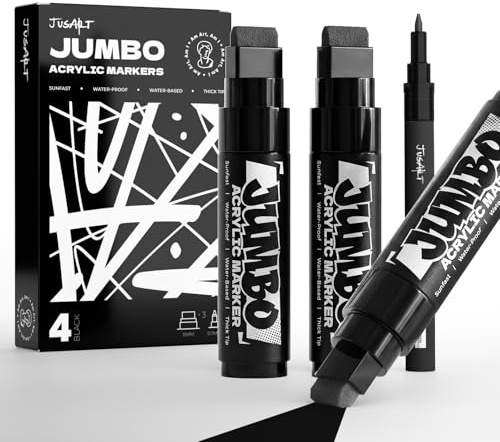 JusArt 4 Pcs Black Jumbo Poster Marker Set, 15mm and 0.7mm Tip | Permanent Acrylic Paint Pen for Large Banners and Signs, Thick Markers for Fabric, Metal, Wood, Rock, Trash Can, Water-Based
