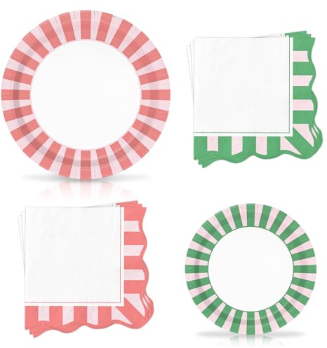 AnyDesign 72 Pcs Italian Summer Tableware Sets Stripe Wavy Scalloped Paper Plates with Luncheon Napkins Serves 24 Decorative Dinnerware for Last Toast Coast Bachelorette Birthday Party Supplies