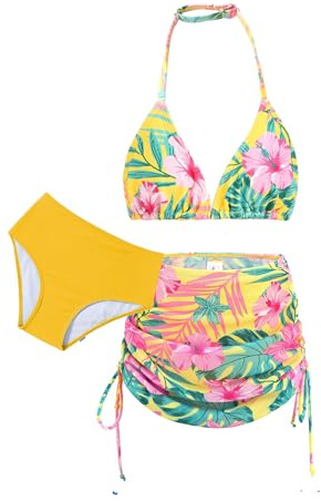 Arshiner Filles Ensemble Bikini 3 Pièces Enfants Maillot de Bain à Bretelles avec Jupe Imprimé Eté Hawaïenne Ensemble Bikini pour Filles 14-15 Ans