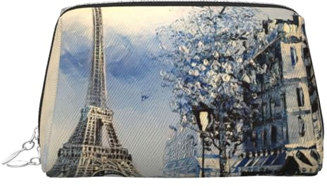 Romantico pochette per cosmetici in pelle con stampa Torre Eiffel di Parigi, borsa per il trucco in pelle per borsa con chiusura superiore a zip elegante borsa da toilette, Argento, taglia unica