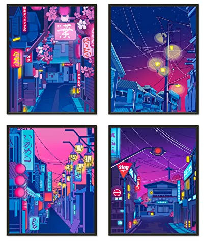 DALIHEBO Anime-Poster, japanische Wandkunst, 4er-Set, Anime-Art, Tokyo Straßen im Nachthimmel, Wanddekoration, Poster für Wohnzimmer, Schlafzimmer, Küche, ungerahmt, 20,3 x 25,4 cm