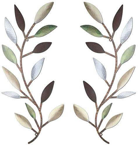 Zhengmy - 2 piezas de metal para decoración de pared, diseño de hojas de árbol de olivo, pergamino de hierro fundido para encima de la cama, para sala de estar, para pared al aire libre (colorido)