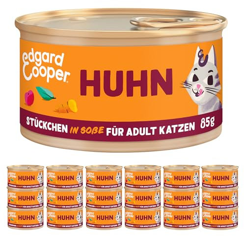 Edgard Cooper Nassfutter für Katzen, (Huhn, 85g x 18), Katzenfutter nass in Sauce ohne Zucker und Getreidefrei, für sterilisierte und aktive Katzen, natürlichen Zutaten