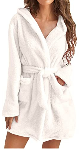 Peignoir court en tissu éponge avec capuche pour femme - Peignoir de bain - En flanelle polaire - Pyjama - Poches en peluche - Manteau chaud - Avec ceinture - Confortable - Léger, Blanc., XL