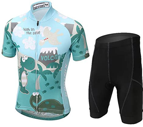 Amur Leopard Jersey Maillot de Ciclismo Camiseta de Bicicleta de Manga Corta + Pantalones Cortos Traje Ciclismo para Niños Niñas, Dinosaurio, S/5-6 Años