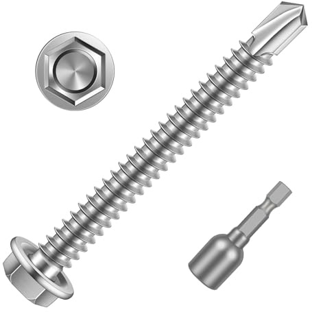 MewuDecor #14 x 4 (3/4 to 4 Available) Hex Washer Head Self Drilling Sheet Metal Screws with Drill Point, Stainless Steel 410, 20 PCS