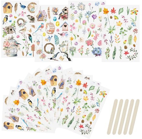 WANDIC Rub On Transfer Sticker, 16 Sheets Bird DIY Transfer Decals Waterproof Flowers Scrapbook Stickers for Card Making Greeting Cards Gift Wrapping Home Decoration