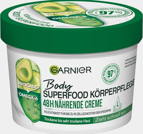 Garnier Soin nourrissant pour le corps pour peau sèche, beurre corporel à l'avocat et aux oméga 6, pour jusqu'à 48 heures d'hydratation, super aliment corporel, 2 x 380 ml