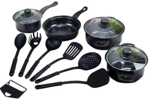 Herzberg HG04241, Antihaft-Kochgeschirr 13-teilig, Schwarz, Langlebiger Kohlenstoffstahl, Bequeme Griffe, Gehärtete Glasdeckel, Geeignet für alle Herdarten, Spülmaschinenfest