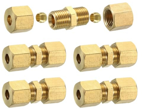 uxcell 5Pcs Brass Compression Tube Fitting, 6mm Tube OD Connector, NPT Thread Compression Union Connectors & Compression Sleeves Ferrules, Brass Straight Coupling Adapter