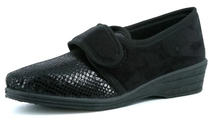 JOMIX Gesundheitsschuhe Damen Orthopädische Sandalen Weiche Keilabsatz Hallux Valgus Schuhe mit Klettverschluss Rutschfeste Hauschuhe (ITD1992, Schwarz, 38 EU)