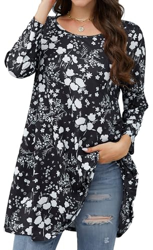 Enmain Nero e Bianco Tunica Manica Lunga Donna Magliette 3/4 Maniche Lunghe Bluse Elegante Stampata Casual Maglietta Collo Rotondo T-Shirt M
