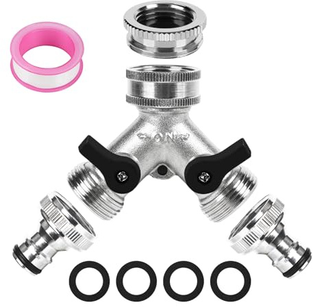 2 Way Brass Y Valve Tap Garden Hose Splitter Two Way Tap Manifold with 2 Individual 3/4inch Brass Water Tap and 3/4inch to 1/2inch Connection for Home Garden Outdoor (Silvery)