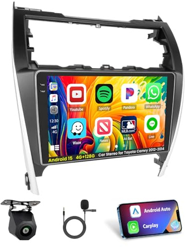 Inefala [4G+128G] Android 15 Car Radio for Toyota Camry 2012-2014 with Wireless Carplay/Android Auto, 10 Inch HD Touchscreen Car Stereo with GPS WiFi Bluetooth FM/RDS EQ SWC Backup Camera MIC