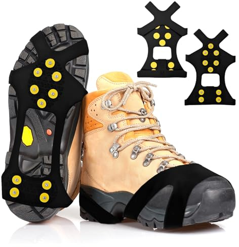 Crampons Neige Chaussures antidérapants Hiver, 10 Pointes Acier INOX, TPE à Enfiler Rapide, Pliables et compacts, pour Glace et trottoirs verglacés, EU 40–43