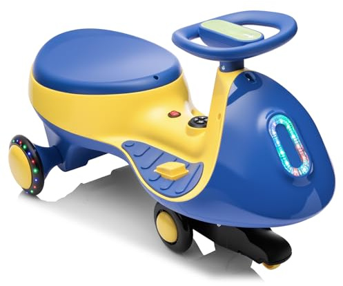 LALAHO Voiture électrique pour enfant, 12 V, avec pédale, 2 vitesses, protection anti-basculement, Bluetooth, pour enfant à partir de 3 ans, bleu et jaune