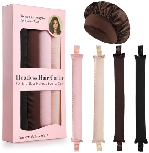 Manlyee 4PCS Bigoudis Sans Chaleur en Satin, Rouleau à Boucler Sans Chaleur pour Ondulations Naturelles, Ruban Souple à Porter la Nuit, Kit de Bouclage Confortable avec Bonnet