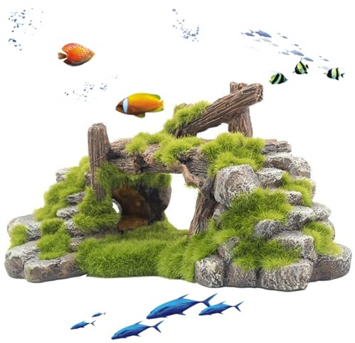 Bemonew Fisk tank grotta liten akvariedekor, naturlig mossningsbro och sten gömställe för fisk och räkor, akvariedekorationer för att förbättra tankens landskap