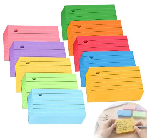 1000 Pièces Fiches Bristol A8 Lignées Flash Cards Fiches Bristol en Papier 150 g/m² 5,2 x 7,4 cm en 10 Couleurs Fiches Révision pour École Bureau Études Notes et Vocabulaire