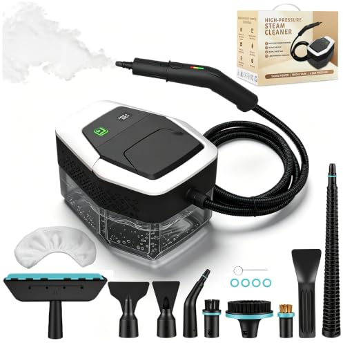 Handheld Steam Cleaner 1500W Low Pressure, 15s Fast Heating, 1.8L Water Tank, with 12 Accessories for Home,White Black