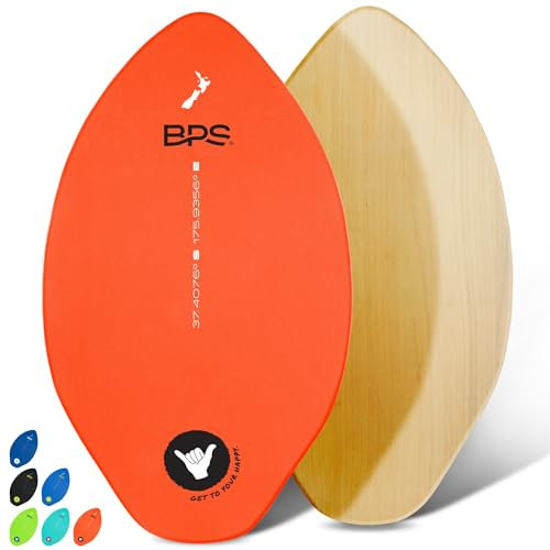 BPS Skimboards Shaka mit farbigem EVA-Griffpolster und hochglänzendem Klarlack,Holz-Skimboard mit Griffpolster für Kinder und Erwachsene, Orange mit weißem Akzent, 35 Inch