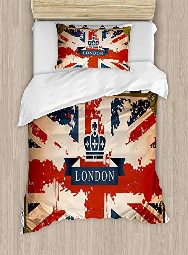 ABAKUHAUS Union Jack Bettbezug Set für Einzelbetten, Weinlese-Koffer, Milbensicher Allergiker geeignet mit Kissenbezug, 130 x 200 cm - 70 x 50 cm, Dunkelblau Rot Braun
