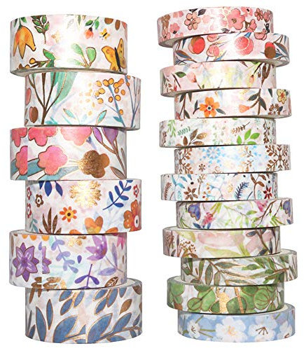 YUBBAEX Washi Tape Set Goldene Foliendruck Masking Tape Dekoratives Klebeband für Scrapbooking, Bullet Tagebuch, Planer, Geschenkverpackung, Urlaubsdekoration (Fromantisch 18 Rollen)