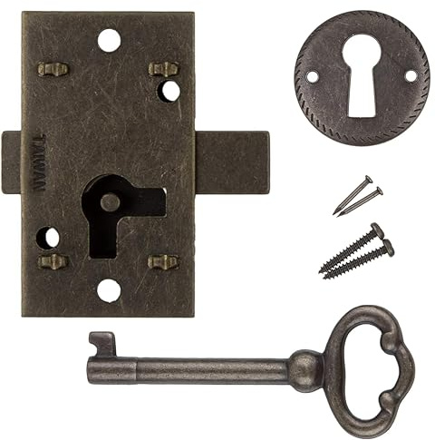Small Antique Brass Flush Mount Cabinet Door Lock with Key - 1 Wide x 1 3/4 High - Vintage Lock and Key for Furniture Doors and Drawers | UA-030-LAB