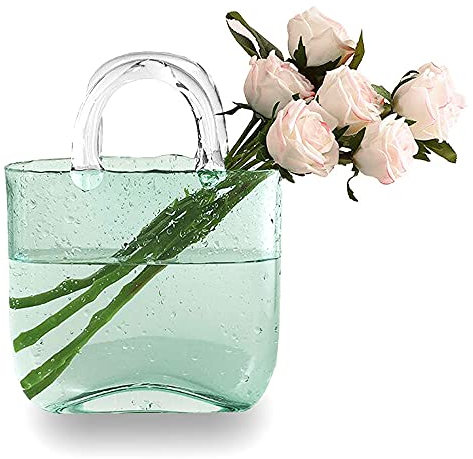 Candora, Vasi in vetro a forma di borsa, decorazione creativa con bolle, vaso per fiori borsetta scrivania, mini acquario pesci cristallo, ideale come centrotavola, cucina, ufficio, soggiorno (verde