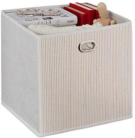 Relaxdays 1 x Aufbewahrungskorb Bambus, Badkörbchen quadratisch, Stoff Regalkorb hoch, HBT: 31 x 31 x 31 cm, faltbar, weiß